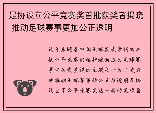 足协设立公平竞赛奖首批获奖者揭晓 推动足球赛事更加公正透明